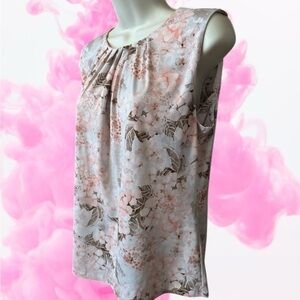 Calvin Klein Medium Tank Top Blouse Pink Floral Brown Keyhole Neck Pleated Soft